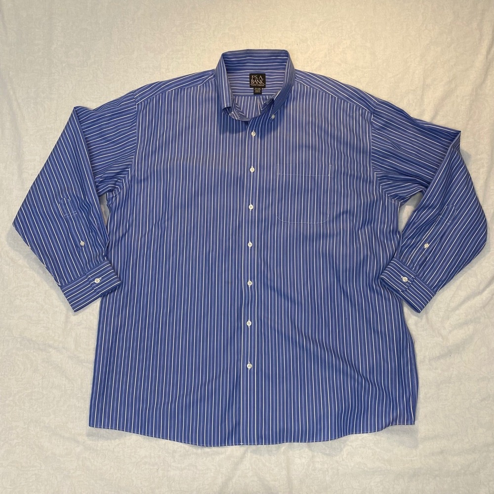 Jos A Bank Traveler Lot 3 Dress Shirts 17.5 34 Blue Check Stripe Cotton - Picture 2 of 16